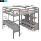 Lit mezzanine en pin avec bureau intégré à deux tiroirs, étagères et tiroirs de rangement