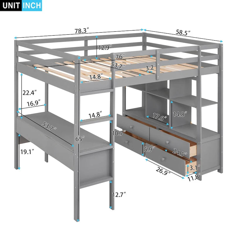 Lit mezzanine en pin avec bureau intégré à deux tiroirs, étagères et tiroirs de rangement