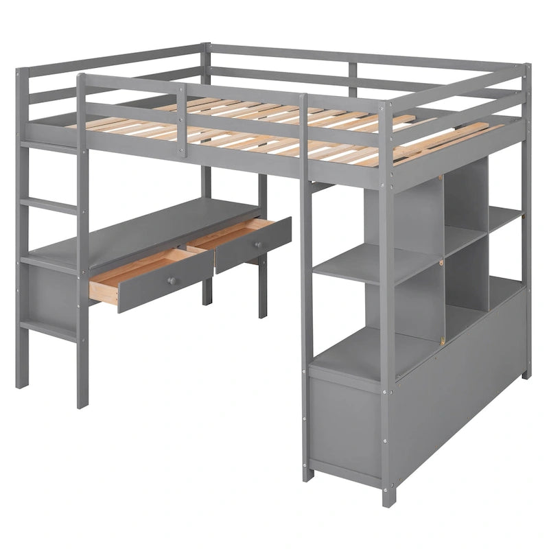 Lit mezzanine en pin avec bureau intégré à deux tiroirs, étagères et tiroirs de rangement