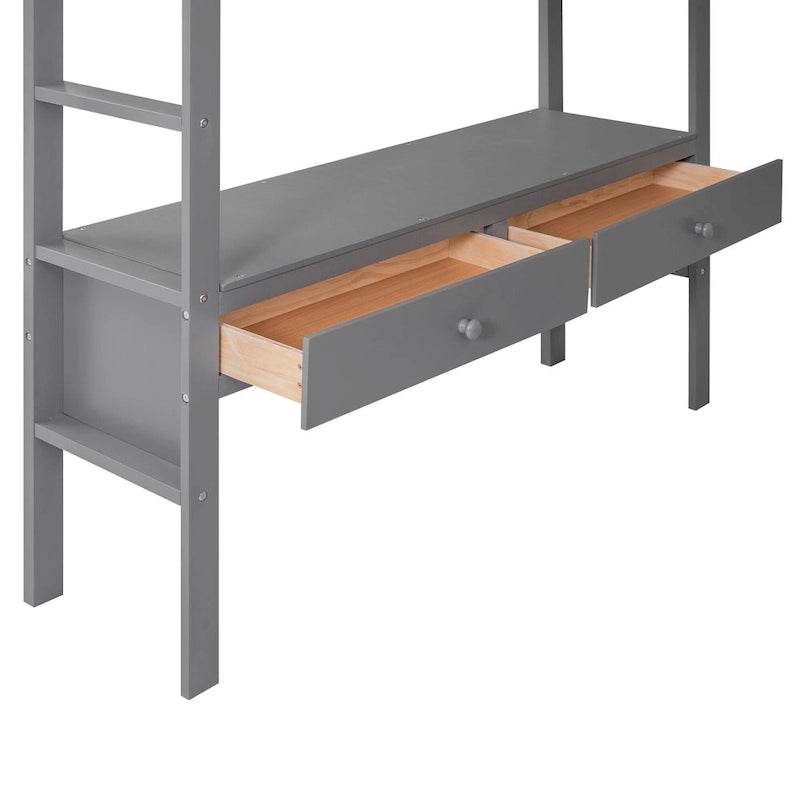 Lit mezzanine en pin avec bureau intégré à deux tiroirs, étagères et tiroirs de rangement