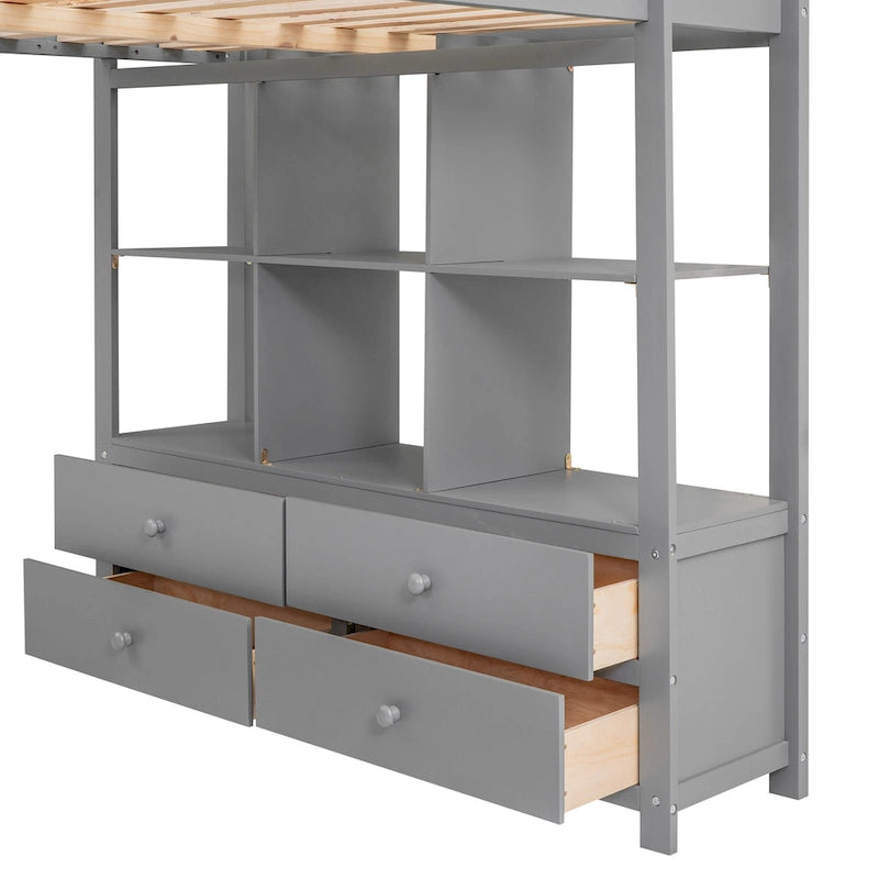 Lit mezzanine en pin avec bureau intégré à deux tiroirs, étagères et tiroirs de rangement