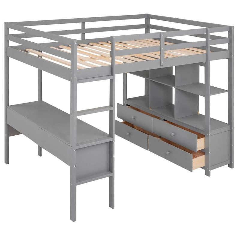Lit mezzanine en pin avec bureau intégré à deux tiroirs, étagères et tiroirs de rangement