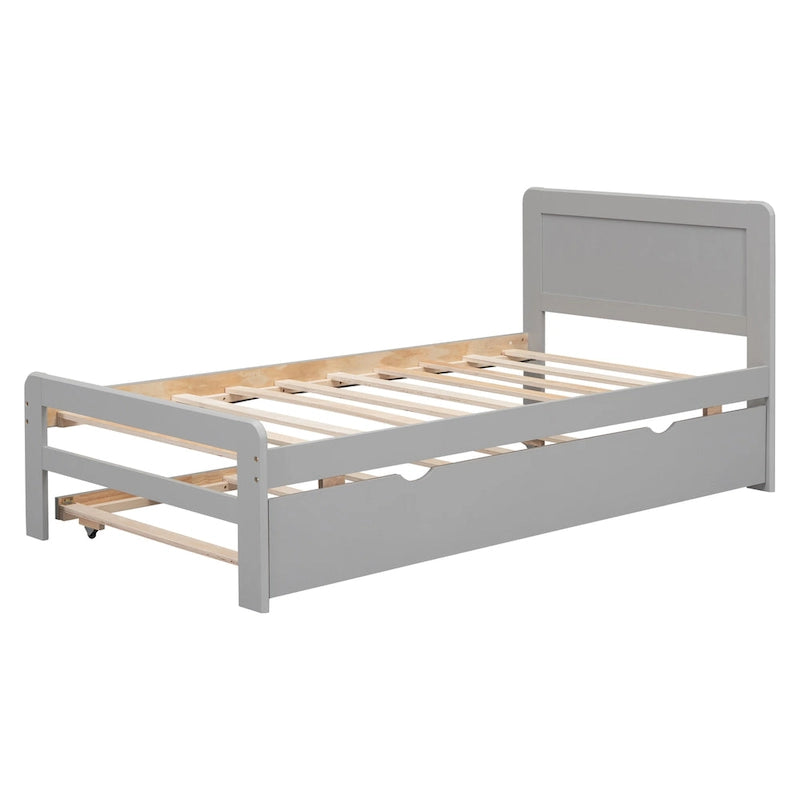 Lit plateforme bas gris de taille jumeau avec lit gigogne coulissant et tête de lit panneau