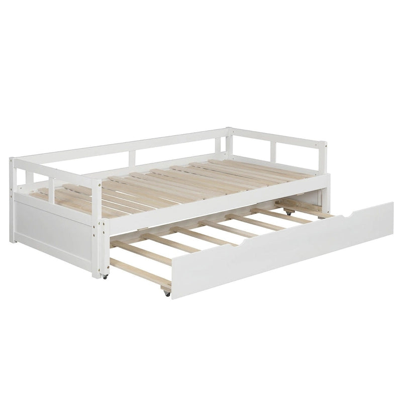 Lit de repos double blanc en pin massif avec lit gigogne et kit de lattes
