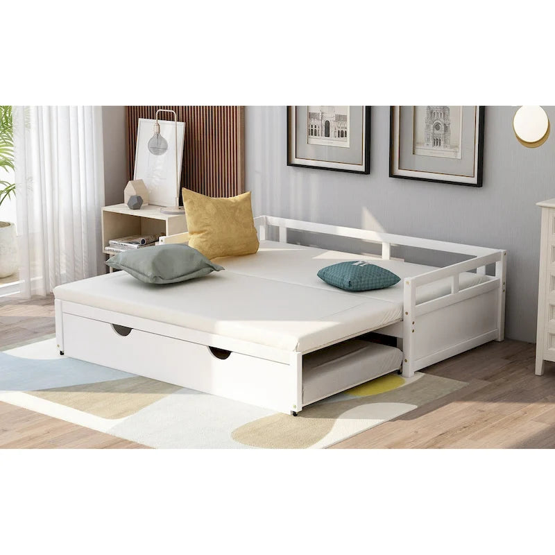 Lit de repos double blanc en pin massif avec lit gigogne et kit de lattes