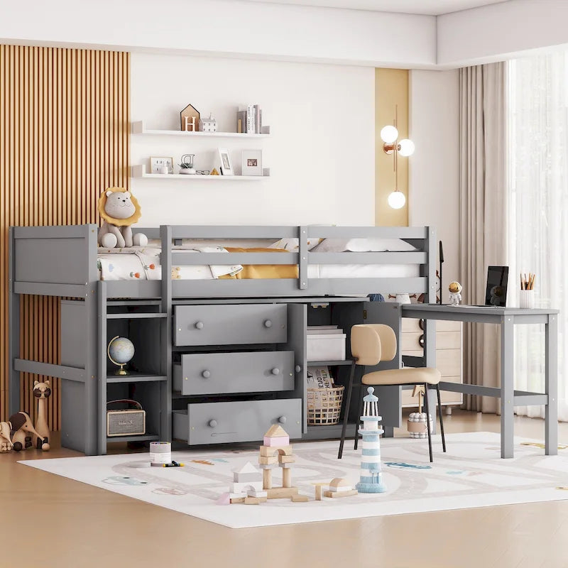 Lit mezzanine bas en pin massif, format jumeau, avec bureau coulissant, 3 tiroirs, une armoire et 2 étagères