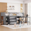 Lit mezzanine bas en pin massif, format jumeau, avec bureau coulissant, 3 tiroirs, une armoire et 2 étagères