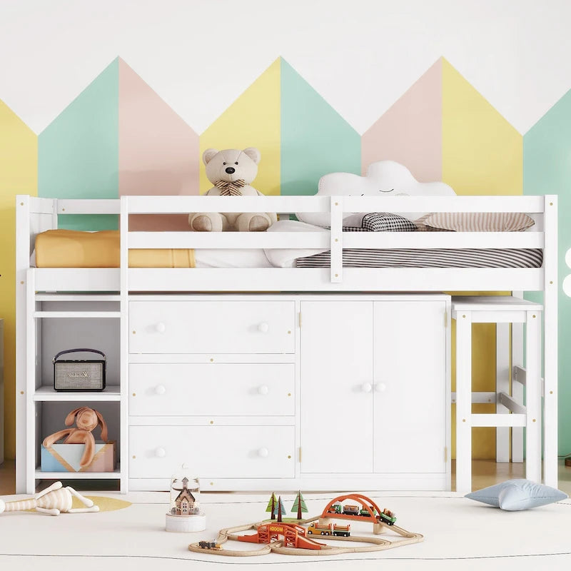 Lit mezzanine bas en pin massif, format jumeau, avec bureau coulissant, 3 tiroirs, une armoire et 2 étagères