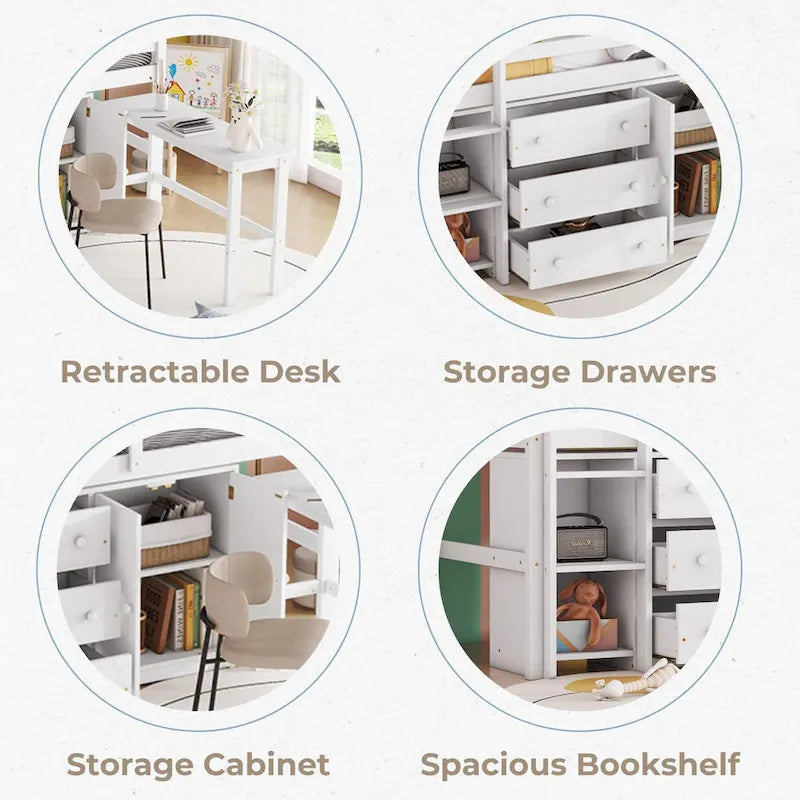 Lit mezzanine bas en pin massif, format jumeau, avec bureau coulissant, 3 tiroirs, une armoire et 2 étagères