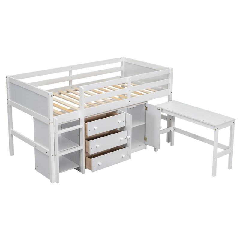 Lit mezzanine bas en pin massif, format jumeau, avec bureau coulissant, 3 tiroirs, une armoire et 2 étagères