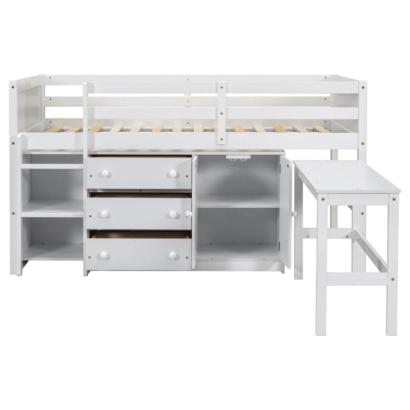 Lit mezzanine bas en pin massif, format jumeau, avec bureau coulissant, 3 tiroirs, une armoire et 2 étagères