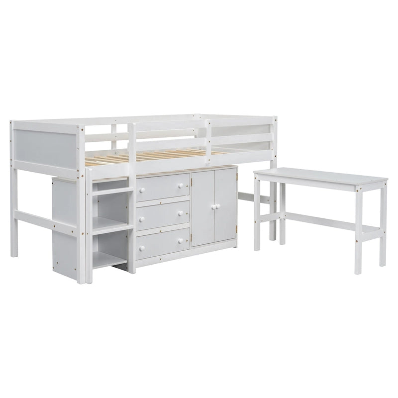 Lit mezzanine bas en pin massif, format jumeau, avec bureau coulissant, 3 tiroirs, une armoire et 2 étagères