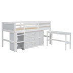 Lit mezzanine bas en pin massif, format jumeau, avec bureau coulissant, 3 tiroirs, une armoire et 2 étagères