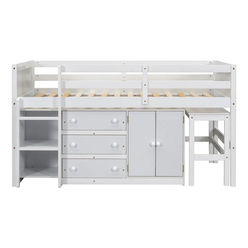 Lit mezzanine bas en pin massif, format jumeau, avec bureau coulissant, 3 tiroirs, une armoire et 2 étagères