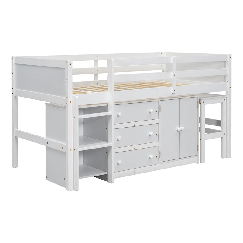 Lit mezzanine bas en pin massif, format jumeau, avec bureau coulissant, 3 tiroirs, une armoire et 2 étagères