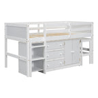 Lit mezzanine bas en pin massif, format jumeau, avec bureau coulissant, 3 tiroirs, une armoire et 2 étagères