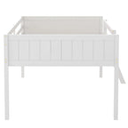 Lit mezzanine bas en bois massif blanc de taille normale avec échelle et barrière, et support à lattes en bois pour chambre à coucher