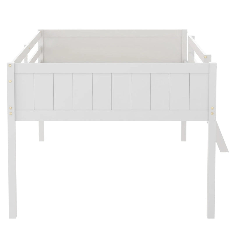 Lit mezzanine bas en bois massif blanc de taille normale avec échelle et barrière, et support à lattes en bois pour chambre à coucher