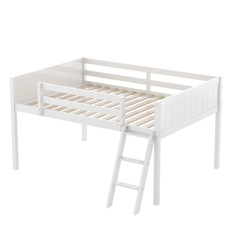 Lit mezzanine bas en bois massif blanc de taille normale avec échelle et barrière, et support à lattes en bois pour chambre à coucher