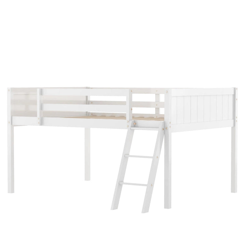 Lit mezzanine bas en bois massif blanc de taille normale avec échelle et barrière, et support à lattes en bois pour chambre à coucher