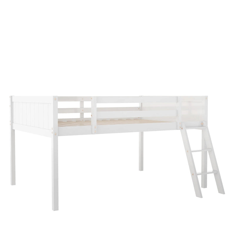 Lit mezzanine bas en bois massif blanc de taille normale avec échelle et barrière, et support à lattes en bois pour chambre à coucher
