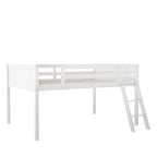 Lit mezzanine bas en bois massif blanc de taille normale avec échelle et barrière, et support à lattes en bois pour chambre à coucher