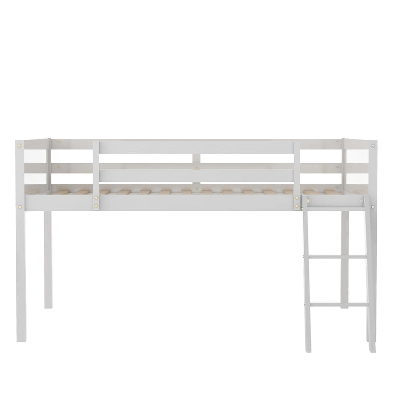Lit mezzanine bas en bois massif blanc de taille normale avec échelle et barrière, et support à lattes en bois pour chambre à coucher