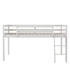 Lit mezzanine bas en bois massif blanc de taille normale avec échelle et barrière, et support à lattes en bois pour chambre à coucher