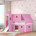 Lit mezzanine château en bois massif pleine grandeur rose avec tente à couverture complète, tour cylindrique gauche, toboggan gauche, découpes de fenêtre en forme de fleur et échelle inclinée droite