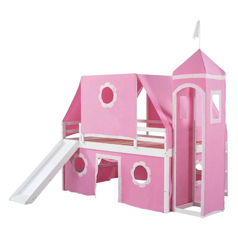 Lit mezzanine château en bois massif pleine grandeur rose avec tente à couverture complète, tour cylindrique gauche, toboggan gauche, découpes de fenêtre en forme de fleur et échelle inclinée droite