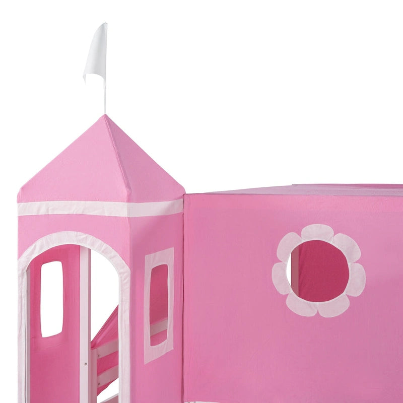 Lit mezzanine château en bois massif pleine grandeur rose avec tente à couverture complète, tour cylindrique gauche, toboggan gauche, découpes de fenêtre en forme de fleur et échelle inclinée droite