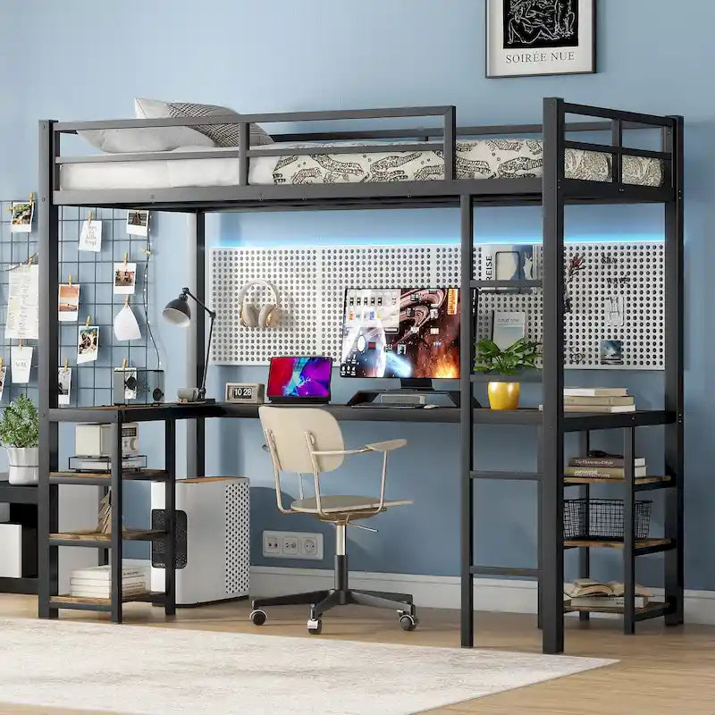 Lit mezzanine double XL en métal noir avec bureau en L, panneau perforé, éclairage LED, étagères gauches et étagères droites