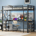 Lit mezzanine double XL en métal noir avec bureau en L, panneau perforé, éclairage LED, étagères gauches et étagères droites
