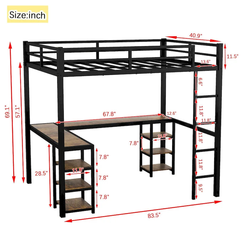 Lit mezzanine double XL en métal noir avec bureau en L, panneau perforé, éclairage LED, étagères gauches et étagères droites