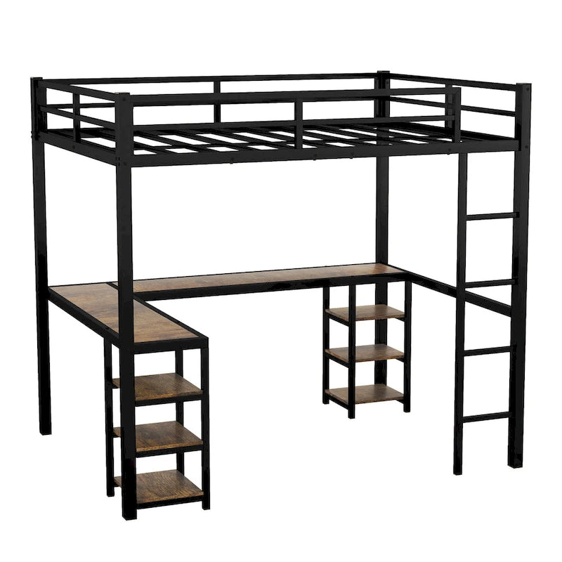 Lit mezzanine double XL en métal noir avec bureau en L, panneau perforé, éclairage LED, étagères gauches et étagères droites