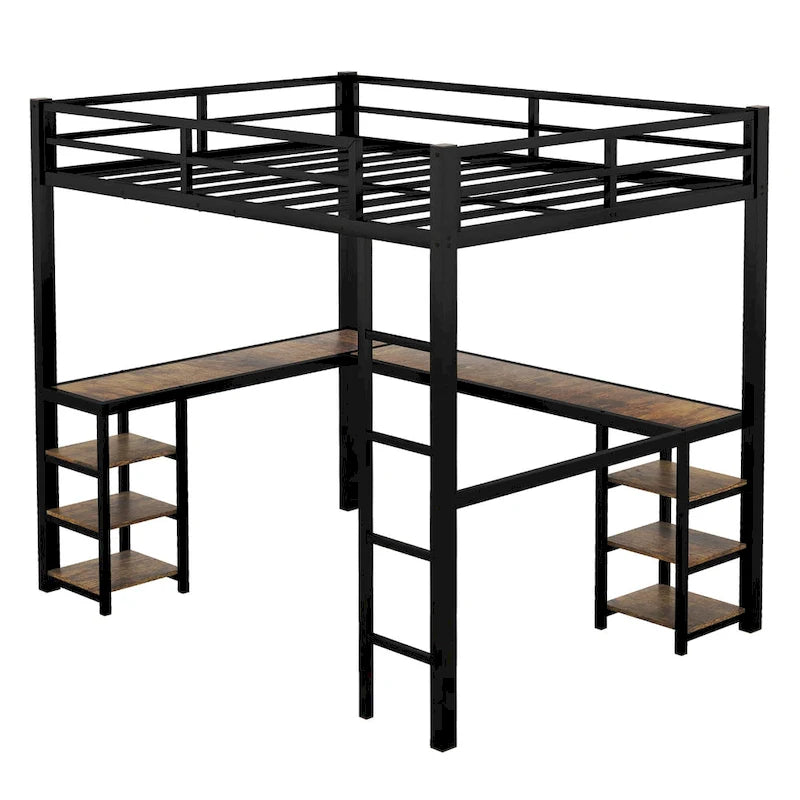 Lit mezzanine double XL en métal noir avec bureau en L, panneau perforé, éclairage LED, étagères gauches et étagères droites