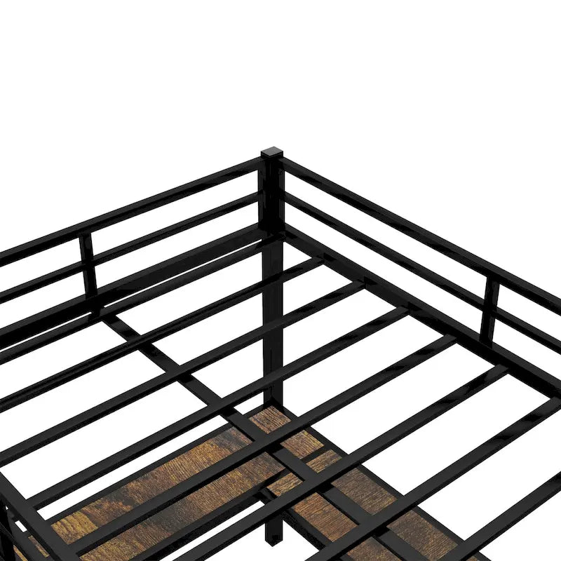Lit mezzanine double XL en métal noir avec bureau en L, panneau perforé, éclairage LED, étagères gauches et étagères droites