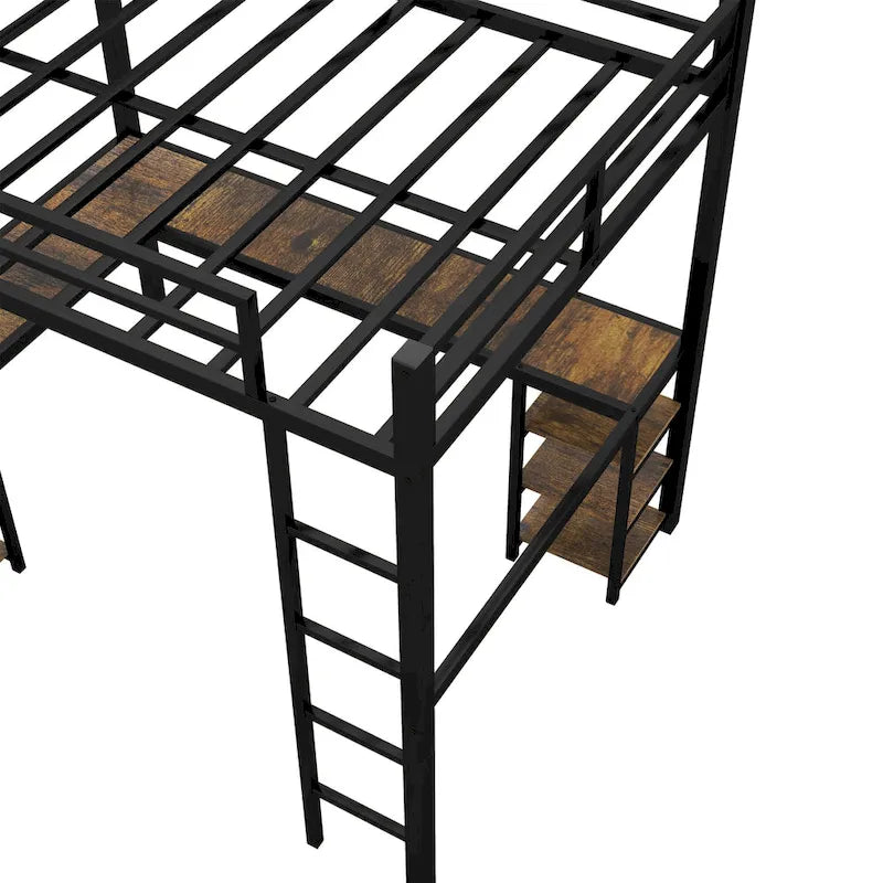 Lit mezzanine double XL en métal noir avec bureau en L, panneau perforé, éclairage LED, étagères gauches et étagères droites