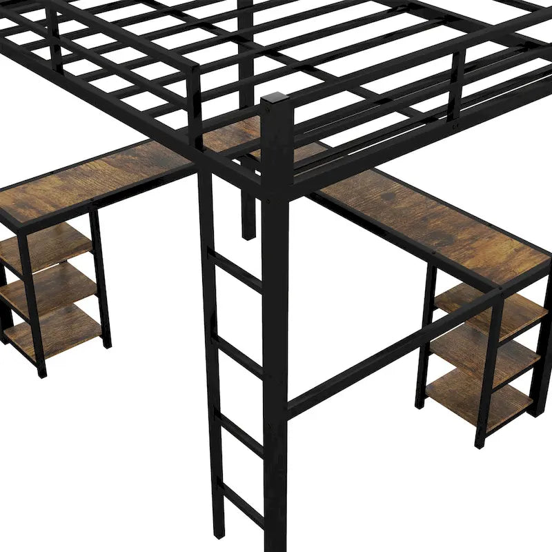 Lit mezzanine double XL en métal noir avec bureau en L, panneau perforé, éclairage LED, étagères gauches et étagères droites