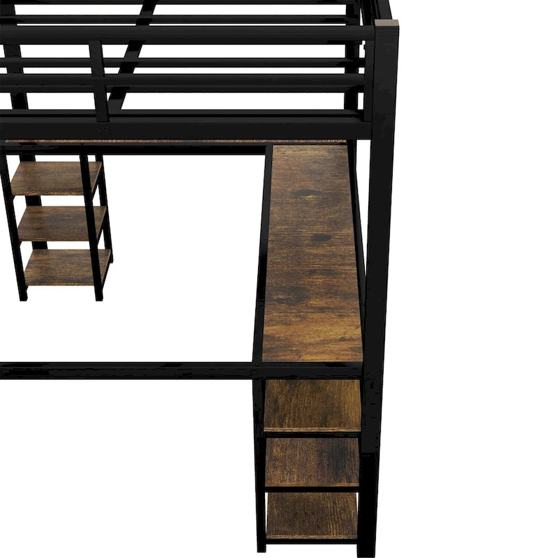 Lit mezzanine double XL en métal noir avec bureau en L, panneau perforé, éclairage LED, étagères gauches et étagères droites