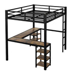 Lit mezzanine double XL en métal noir avec bureau en L, panneau perforé, éclairage LED, étagères gauches et étagères droites