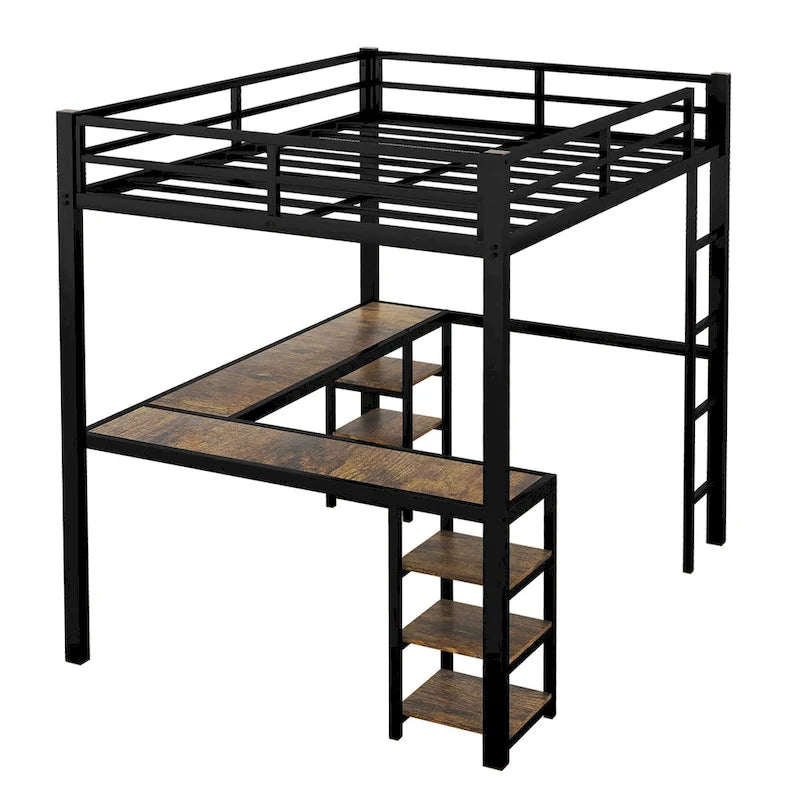 Lit mezzanine double XL en métal noir avec bureau en L, panneau perforé, éclairage LED, étagères gauches et étagères droites