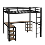 Lit mezzanine double XL en métal noir avec bureau en L, panneau perforé, éclairage LED, étagères gauches et étagères droites