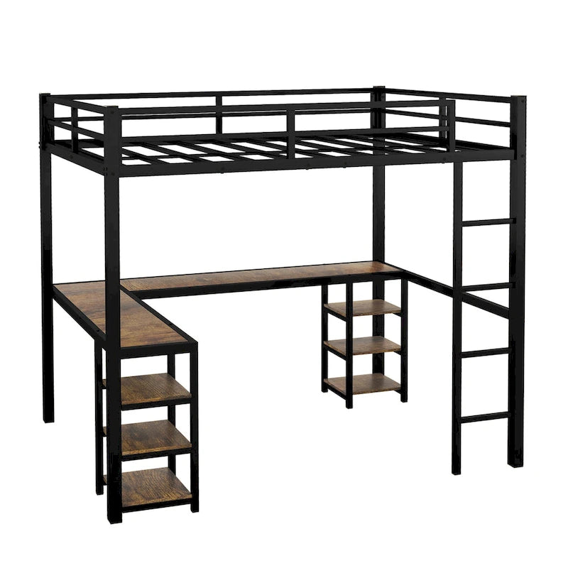 Lit mezzanine double XL en métal noir avec bureau en L, panneau perforé, éclairage LED, étagères gauches et étagères droites