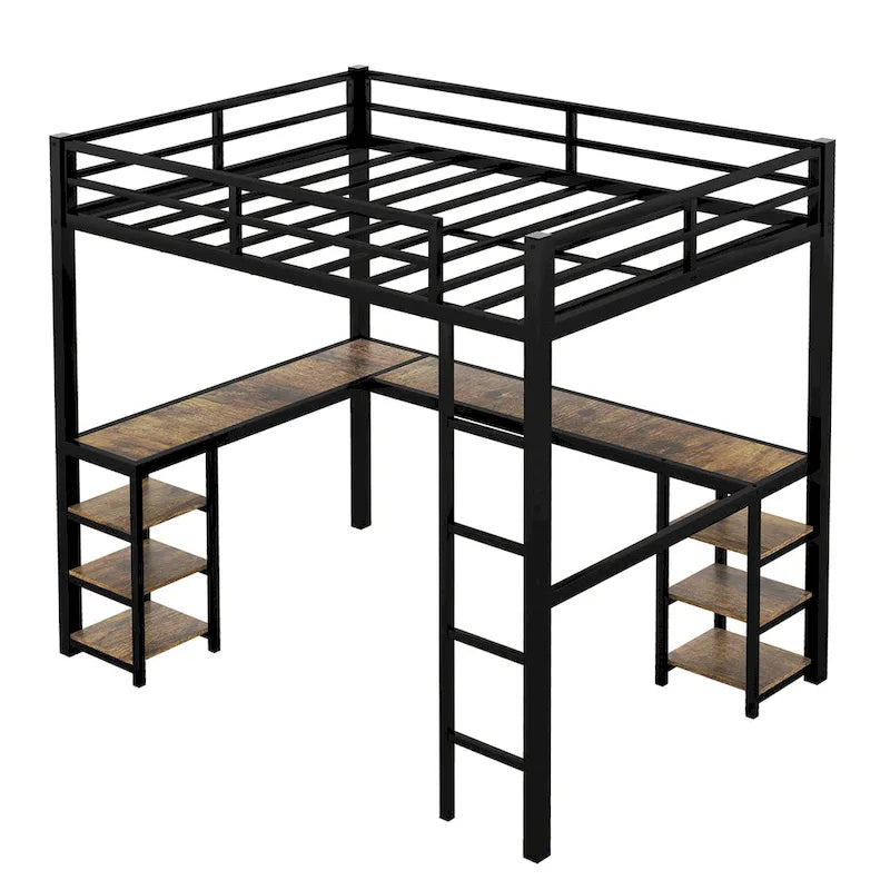 Lit mezzanine double XL en métal noir avec bureau en L, panneau perforé, éclairage LED, étagères gauches et étagères droites