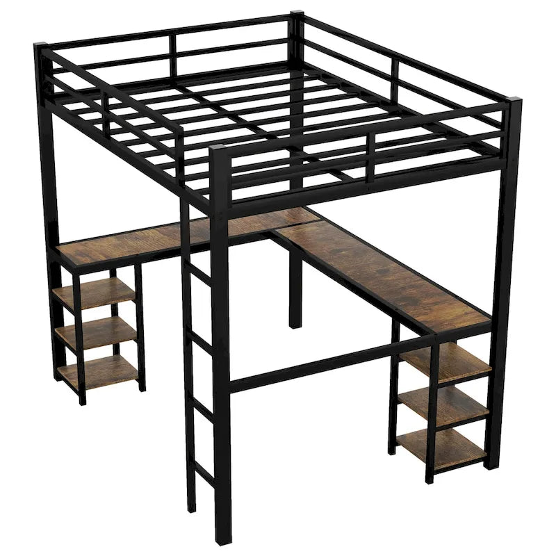 Lit mezzanine double XL en métal noir avec bureau en L, panneau perforé, éclairage LED, étagères gauches et étagères droites