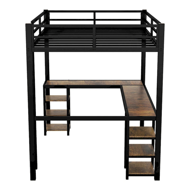 Lit mezzanine double XL en métal noir avec bureau en L, panneau perforé, éclairage LED, étagères gauches et étagères droites