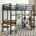 Lit mezzanine industriel noir en métal format jumeau avec escalier de rangement, bureau et étagères à 4 niveaux