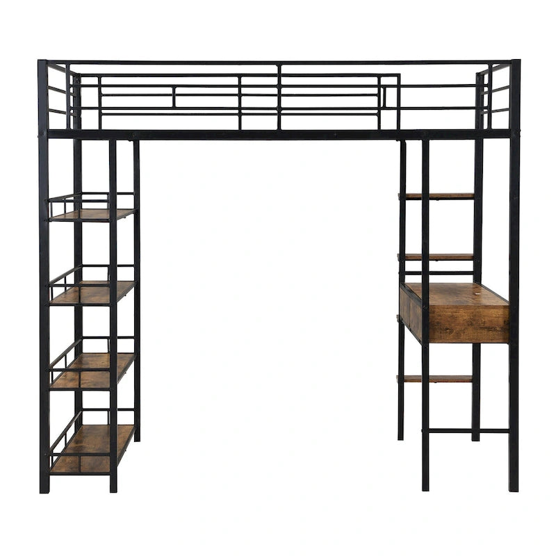 Lit mezzanine industriel noir en métal format jumeau avec escalier de rangement, bureau et étagères à 4 niveaux