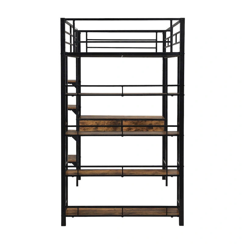 Lit mezzanine industriel noir en métal format jumeau avec escalier de rangement, bureau et étagères à 4 niveaux